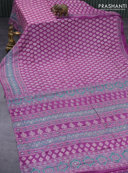 Muslin silk saree purple with allover dabu prints & pita work and ajrakh printed border