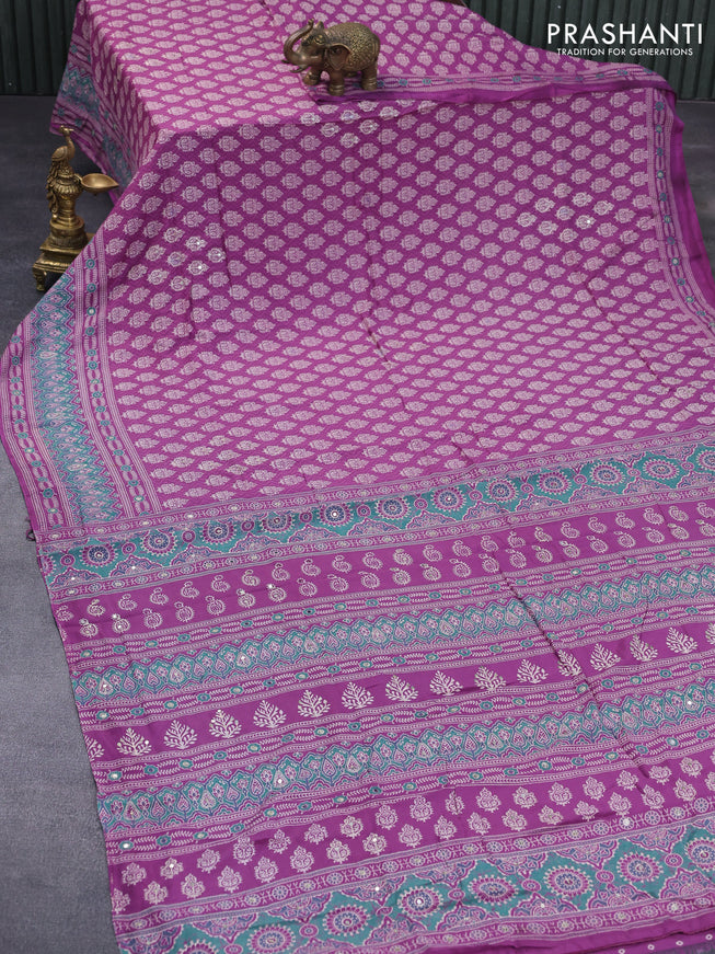 Muslin silk saree purple with allover dabu prints & pita work and ajrakh printed border