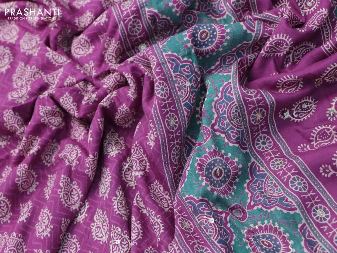 Muslin silk saree purple with allover dabu prints & pita work and ajrakh printed border