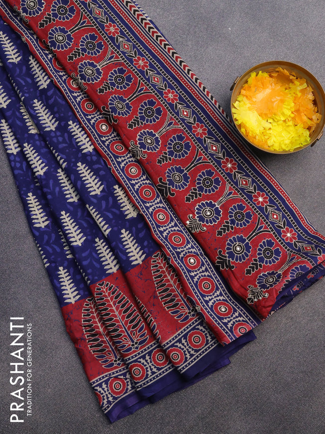 Muslin silk saree blue and maroon with allover dabu prints & pita work and ajrakh printed border