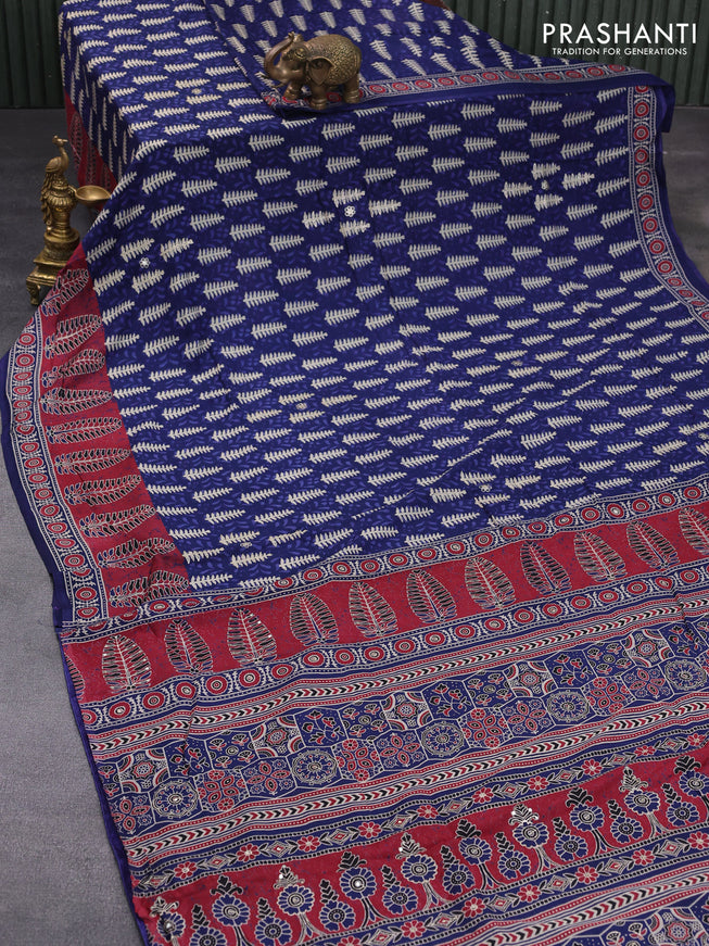 Muslin silk saree blue and maroon with allover dabu prints & pita work and ajrakh printed border