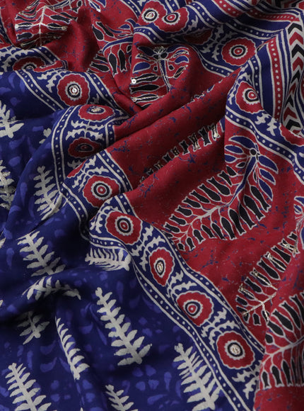 Muslin silk saree blue and maroon with allover dabu prints & pita work and ajrakh printed border