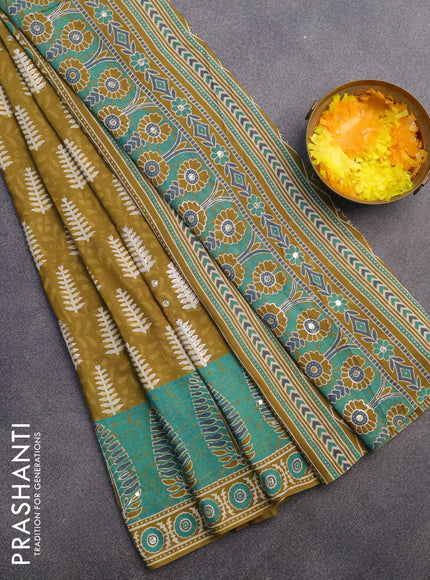 Muslin silk saree mehendi green and green with allover dabu prints & pita work and ajrakh printed border