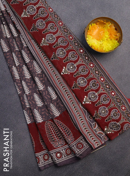 Muslin silk saree grey and maroon with allover dabu prints & pita work and ajrakh printed border