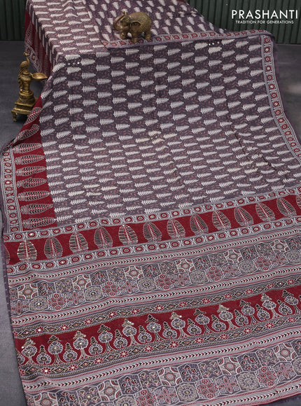 Muslin silk saree grey and maroon with allover dabu prints & pita work and ajrakh printed border