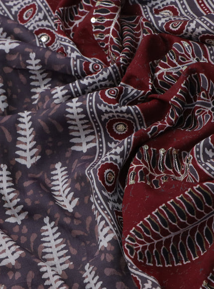 Muslin silk saree grey and maroon with allover dabu prints & pita work and ajrakh printed border