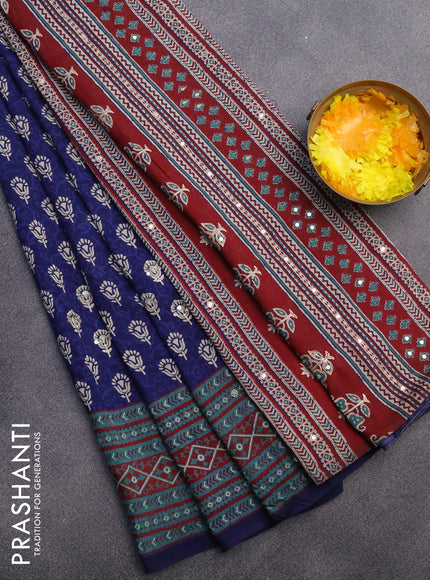 Muslin silk saree blue and green shade maroon with allover dabu prints & pita work and ajrakh printed border