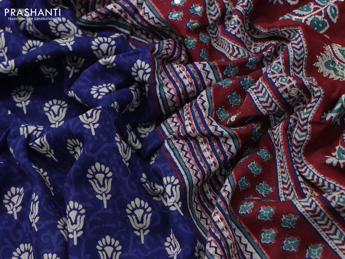 Muslin silk saree blue and green shade maroon with allover dabu prints & pita work and ajrakh printed border