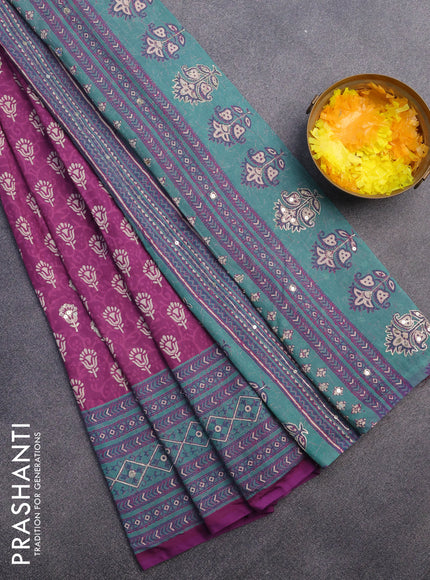 Muslin silk saree purple and teal green with allover dabu prints & pita work and ajrakh printed border