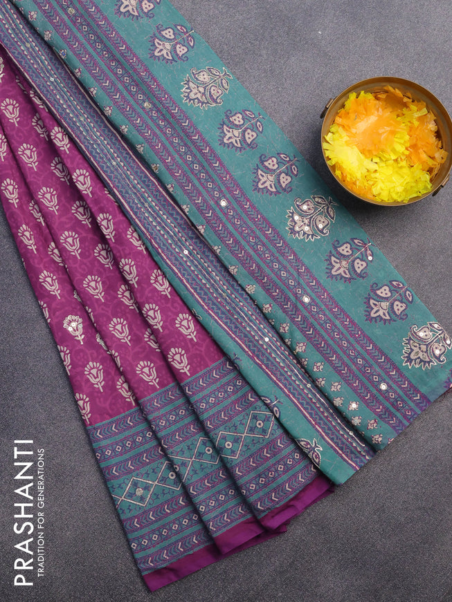 Muslin silk saree purple and teal green with allover dabu prints & pita work and ajrakh printed border