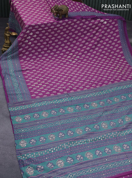 Muslin silk saree purple and teal green with allover dabu prints & pita work and ajrakh printed border