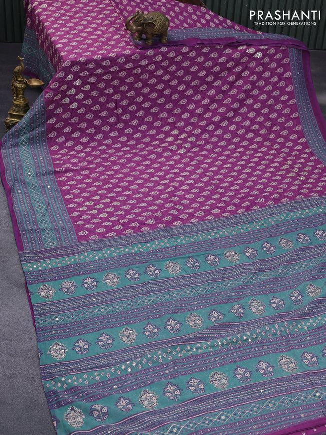 Muslin silk saree purple and teal green with allover dabu prints & pita work and ajrakh printed border