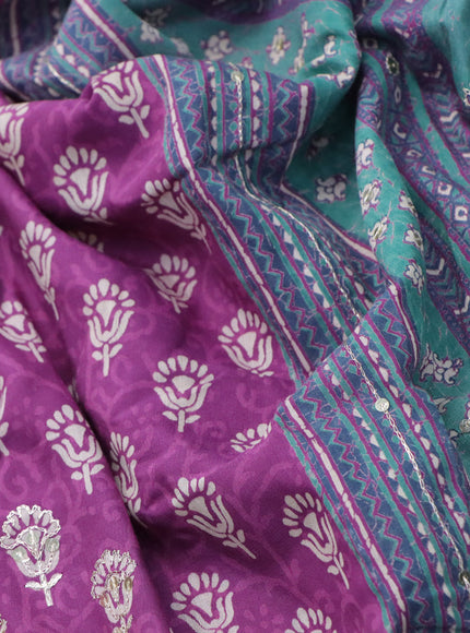 Muslin silk saree purple and teal green with allover dabu prints & pita work and ajrakh printed border