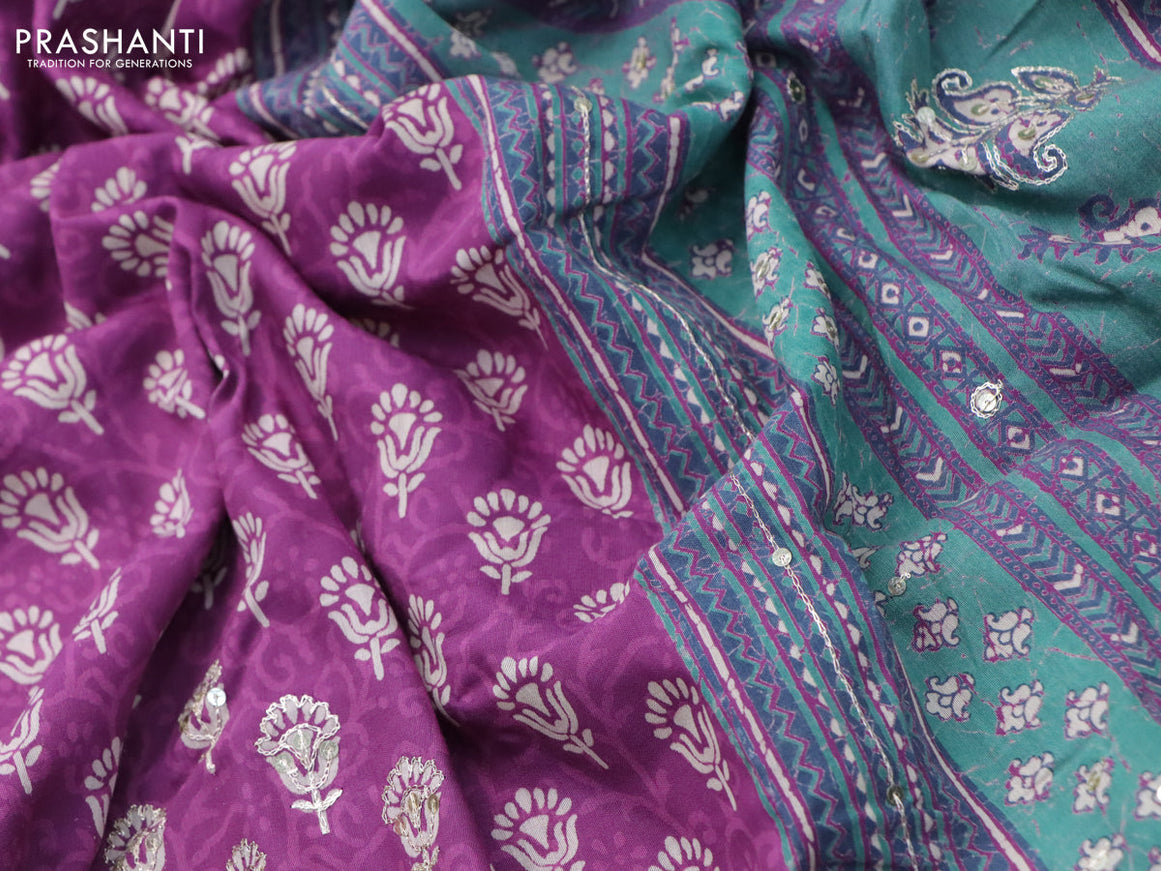 Muslin silk saree purple and teal green with allover dabu prints & pita work and ajrakh printed border