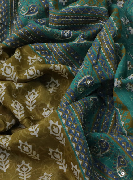 Muslin silk saree mehendi green and green with allover dabu prints & pita work and ajrakh printed border