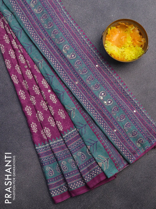 Muslin silk saree purple and green with allover dabu prints & pita work and ajrakh printed border