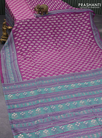 Muslin silk saree purple and green with allover dabu prints & pita work and ajrakh printed border