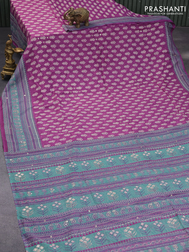 Muslin silk saree purple and green with allover dabu prints & pita work and ajrakh printed border