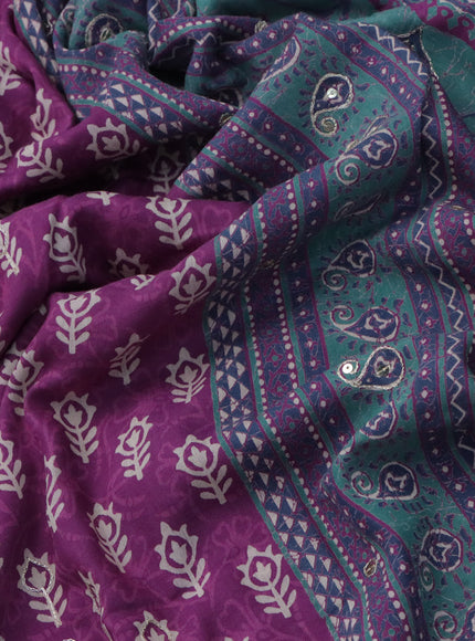 Muslin silk saree purple and green with allover dabu prints & pita work and ajrakh printed border