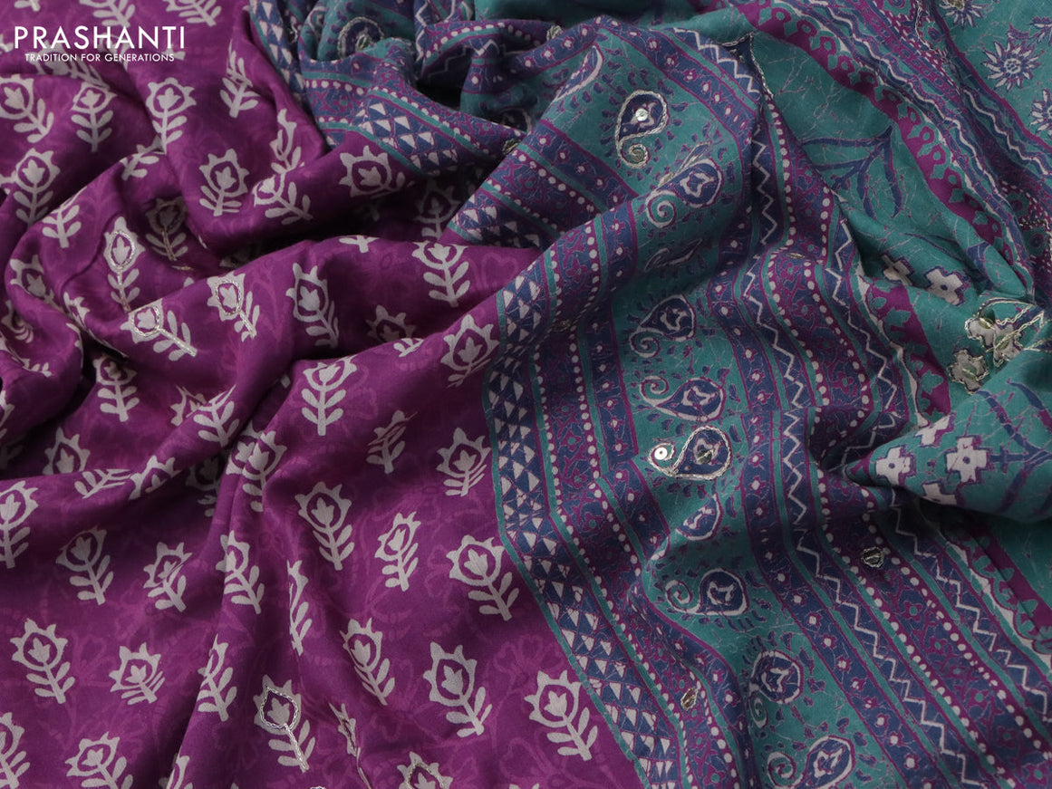 Muslin silk saree purple and green with allover dabu prints & pita work and ajrakh printed border