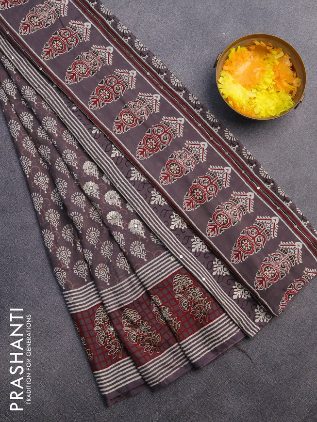 Muslin silk saree grey and maroon with allover butta prints & pita work and printed border