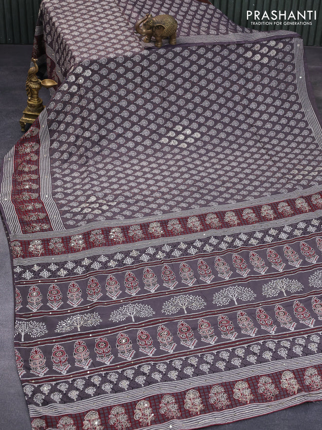 Muslin silk saree grey and maroon with allover butta prints & pita work and printed border