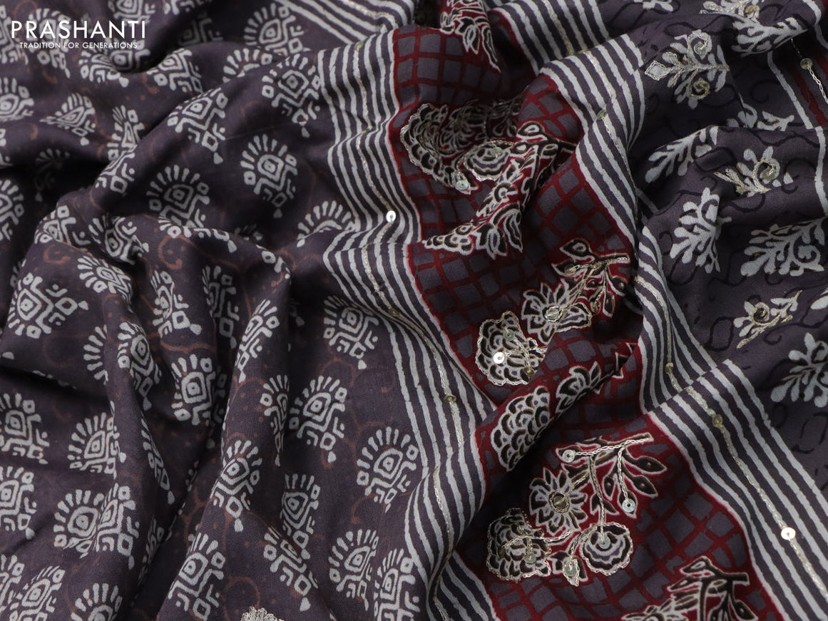 Muslin silk saree grey and maroon with allover butta prints & pita work and printed border