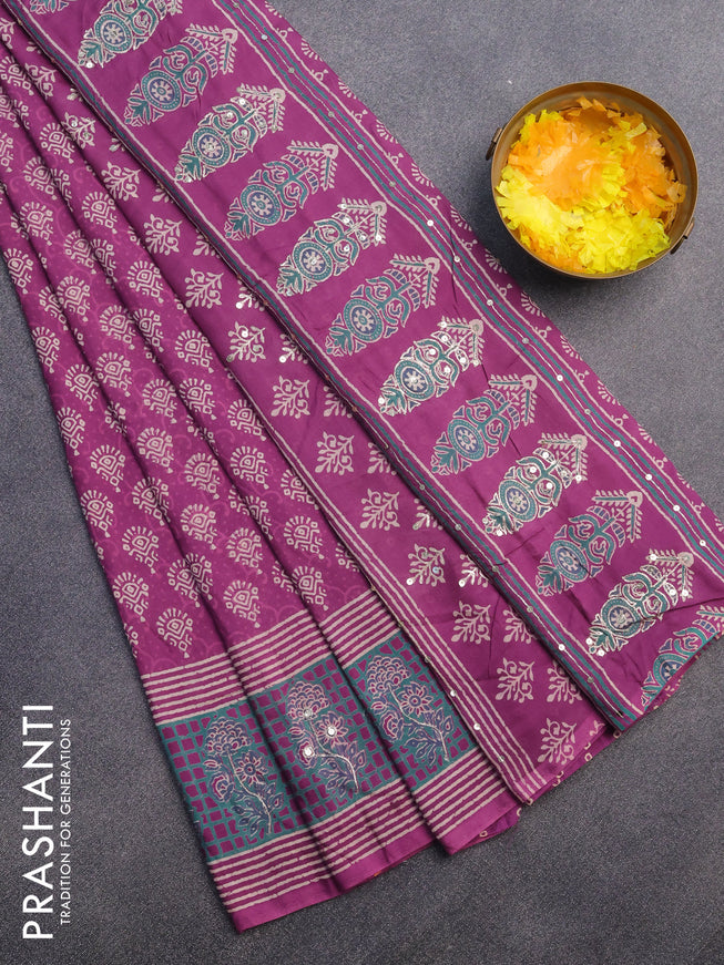 Muslin silk saree purple and green with allover butta prints & pita work and printed border