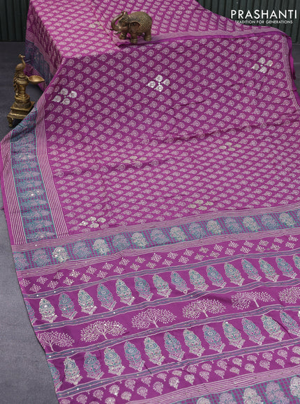 Muslin silk saree purple and green with allover butta prints & pita work and printed border