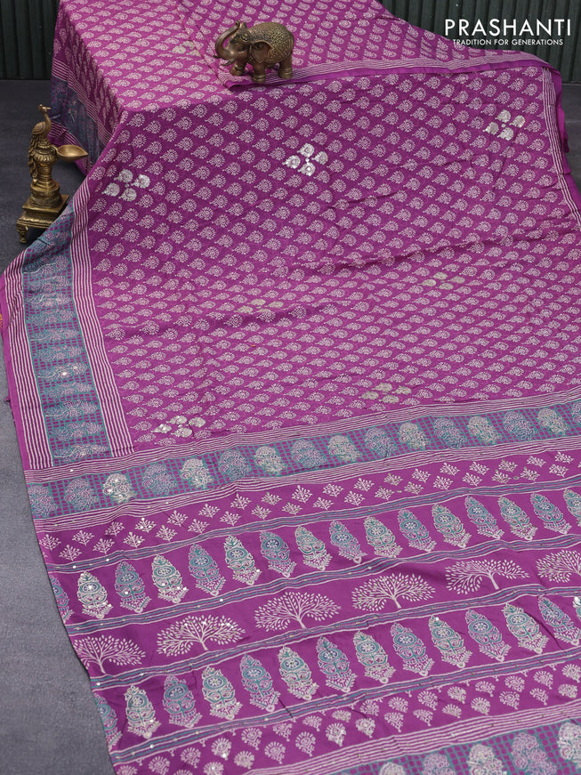 Muslin silk saree purple and green with allover butta prints & pita work and printed border