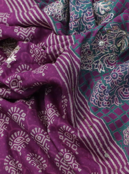 Muslin silk saree purple and green with allover butta prints & pita work and printed border