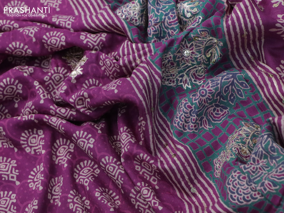 Muslin silk saree purple and green with allover butta prints & pita work and printed border