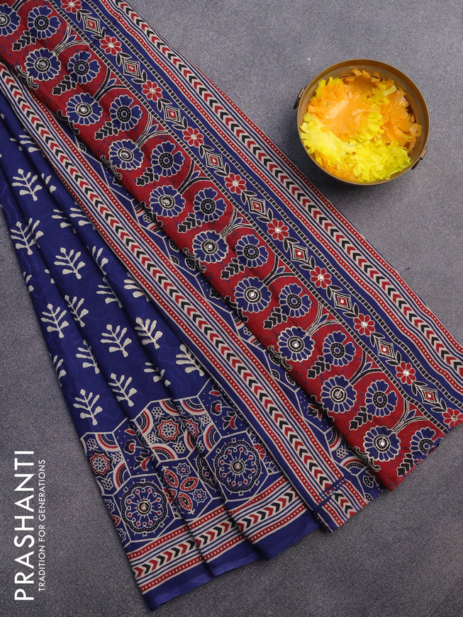 Muslin silk saree blue with allover dabu prints & pita work and ajrakh printed border