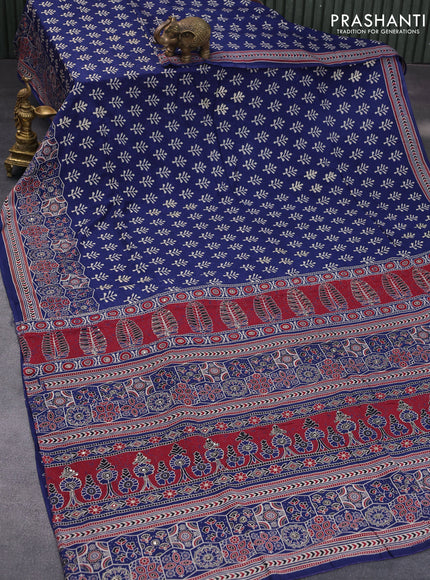 Muslin silk saree blue with allover dabu prints & pita work and ajrakh printed border