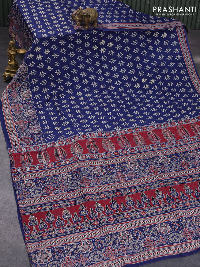 Muslin silk saree blue with allover dabu prints & pita work and ajrakh printed border