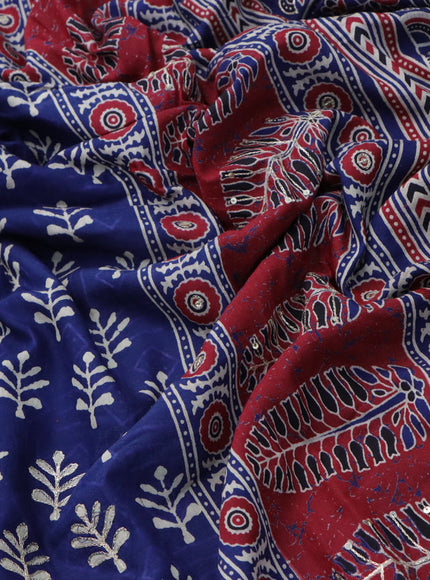 Muslin silk saree blue with allover dabu prints & pita work and ajrakh printed border