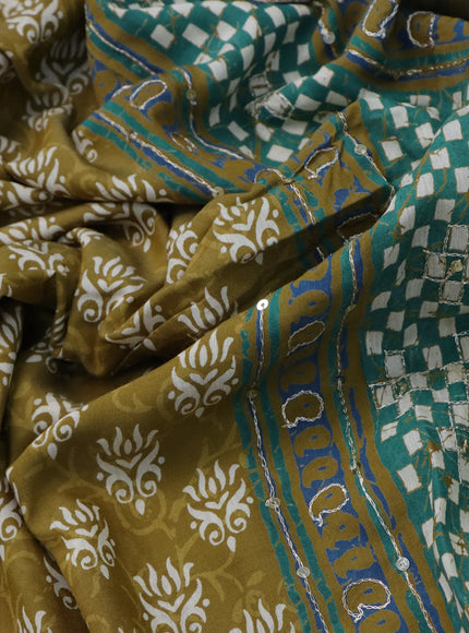 Muslin silk saree mehendi green and green with allover butta prints & pita work and printed border