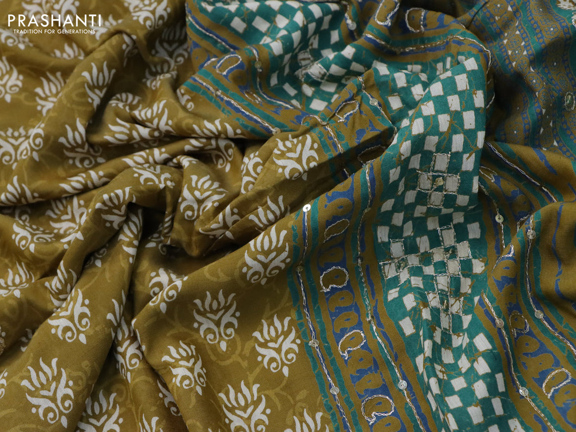 Muslin silk saree mehendi green and green with allover butta prints & pita work and printed border