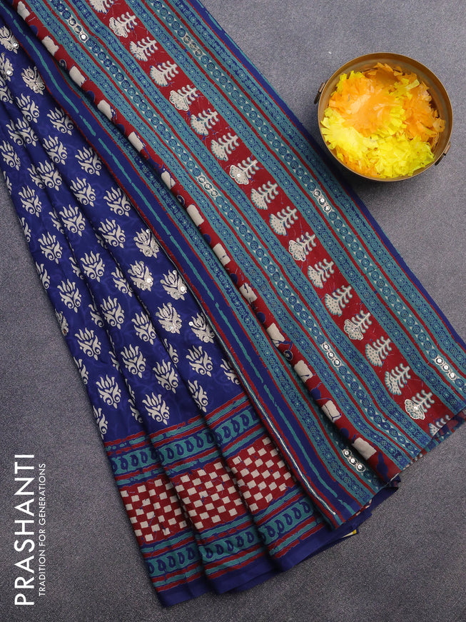 Muslin silk saree dark blue and maroon with allover butta prints & pita work and printed border