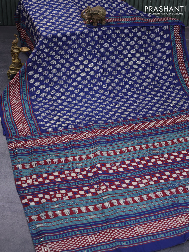 Muslin silk saree dark blue and maroon with allover butta prints & pita work and printed border