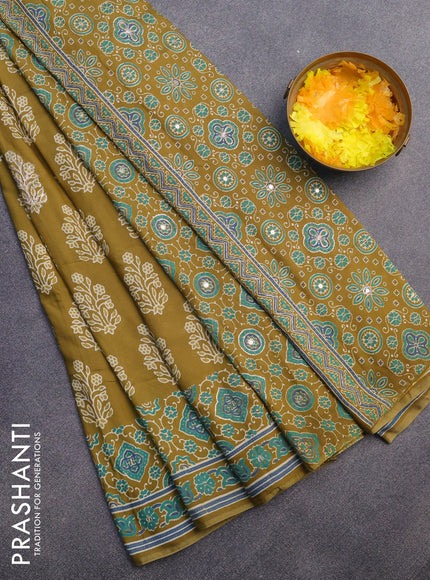 Muslin silk saree mehendi green and green with floral butta prints & pita prints and ajrakh printed border