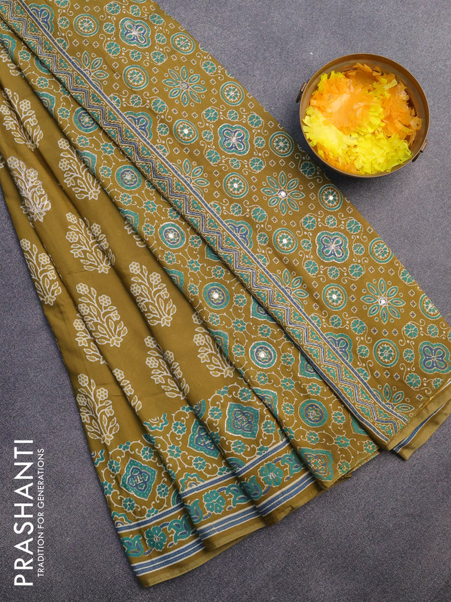 Muslin silk saree mehendi green and green with floral butta prints & pita prints and ajrakh printed border