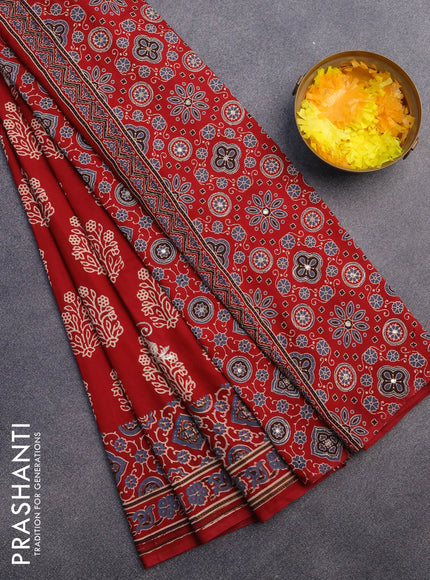 Muslin silk saree maroon and blue with floral butta prints & pita prints and ajrakh printed border