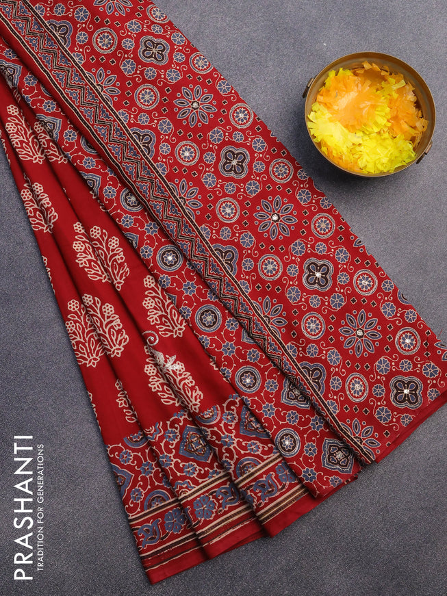 Muslin silk saree maroon and blue with floral butta prints & pita prints and ajrakh printed border