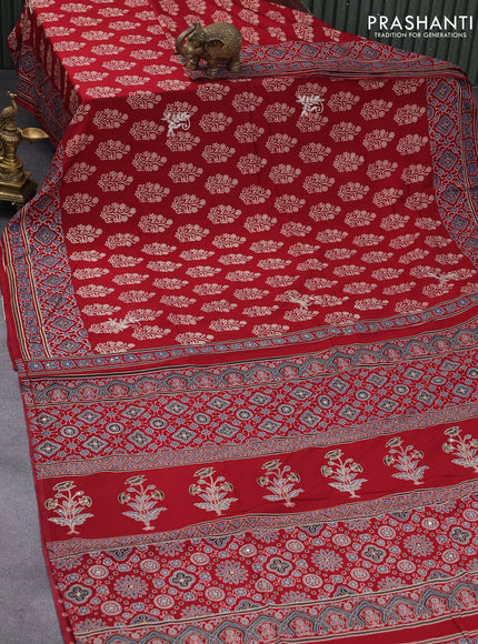 Muslin silk saree maroon and blue with floral butta prints & pita prints and ajrakh printed border