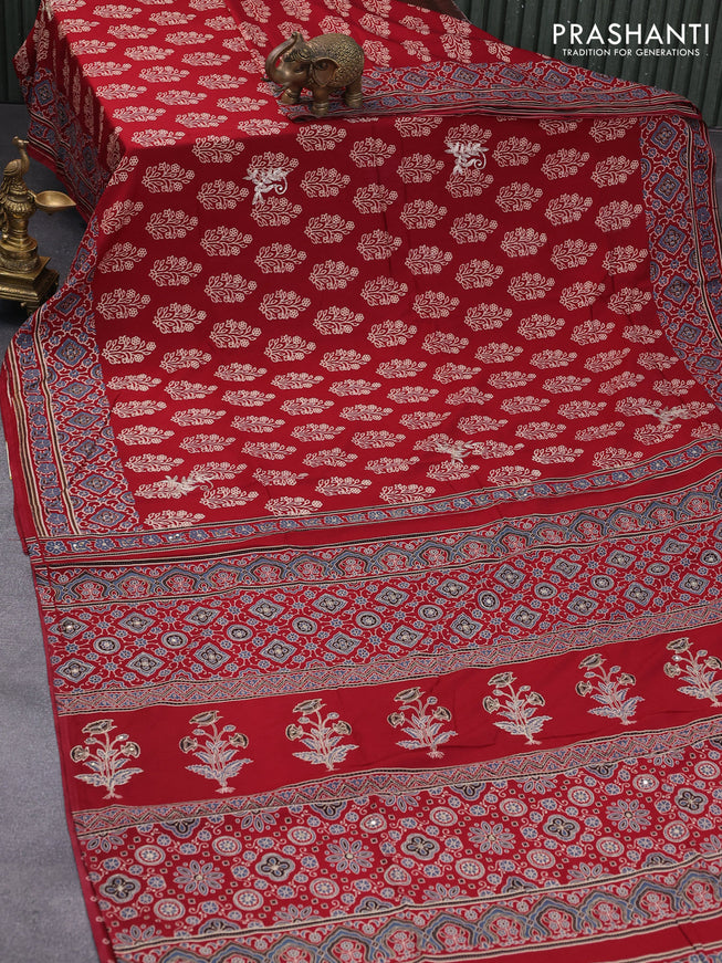 Muslin silk saree maroon and blue with floral butta prints & pita prints and ajrakh printed border