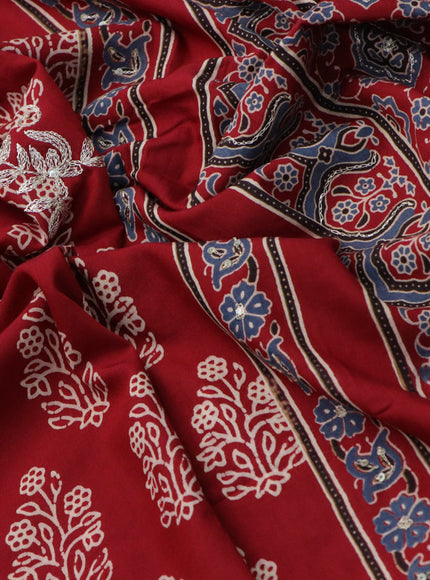 Muslin silk saree maroon and blue with floral butta prints & pita prints and ajrakh printed border