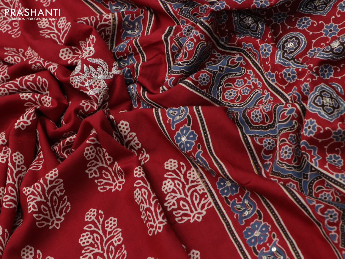 Muslin silk saree maroon and blue with floral butta prints & pita prints and ajrakh printed border