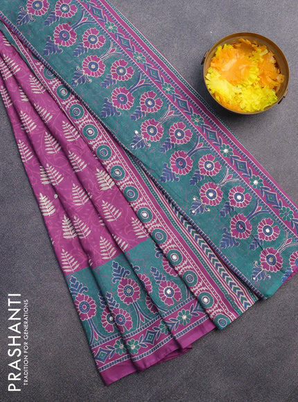 Muslin silk saree purple and green with allover dabu prints & pita work and ajrakh printed border