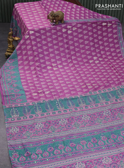 Muslin silk saree purple and green with allover dabu prints & pita work and ajrakh printed border